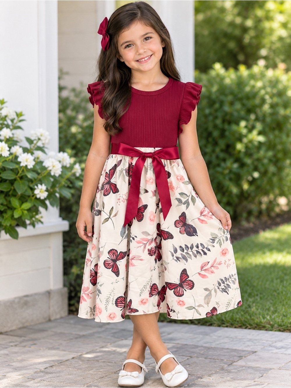 Girls Burgundy & Cream Butterfly Satin-Waist Formal Dress
